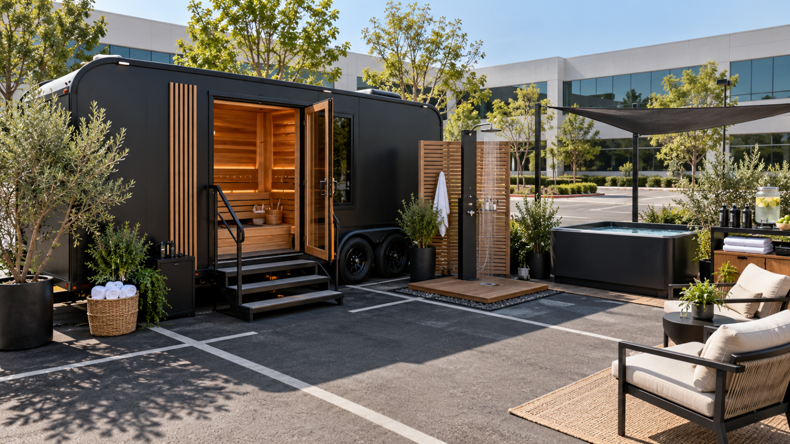 Mobile sauna and cold plunge spa set up for an event