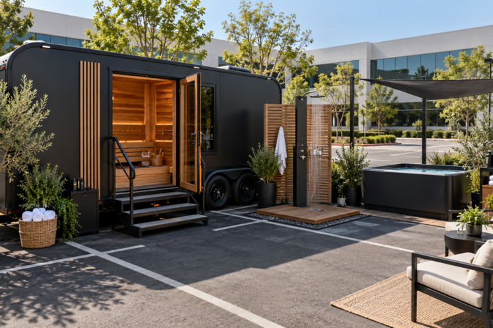 Mobile sauna and cold plunge spa set up for an event