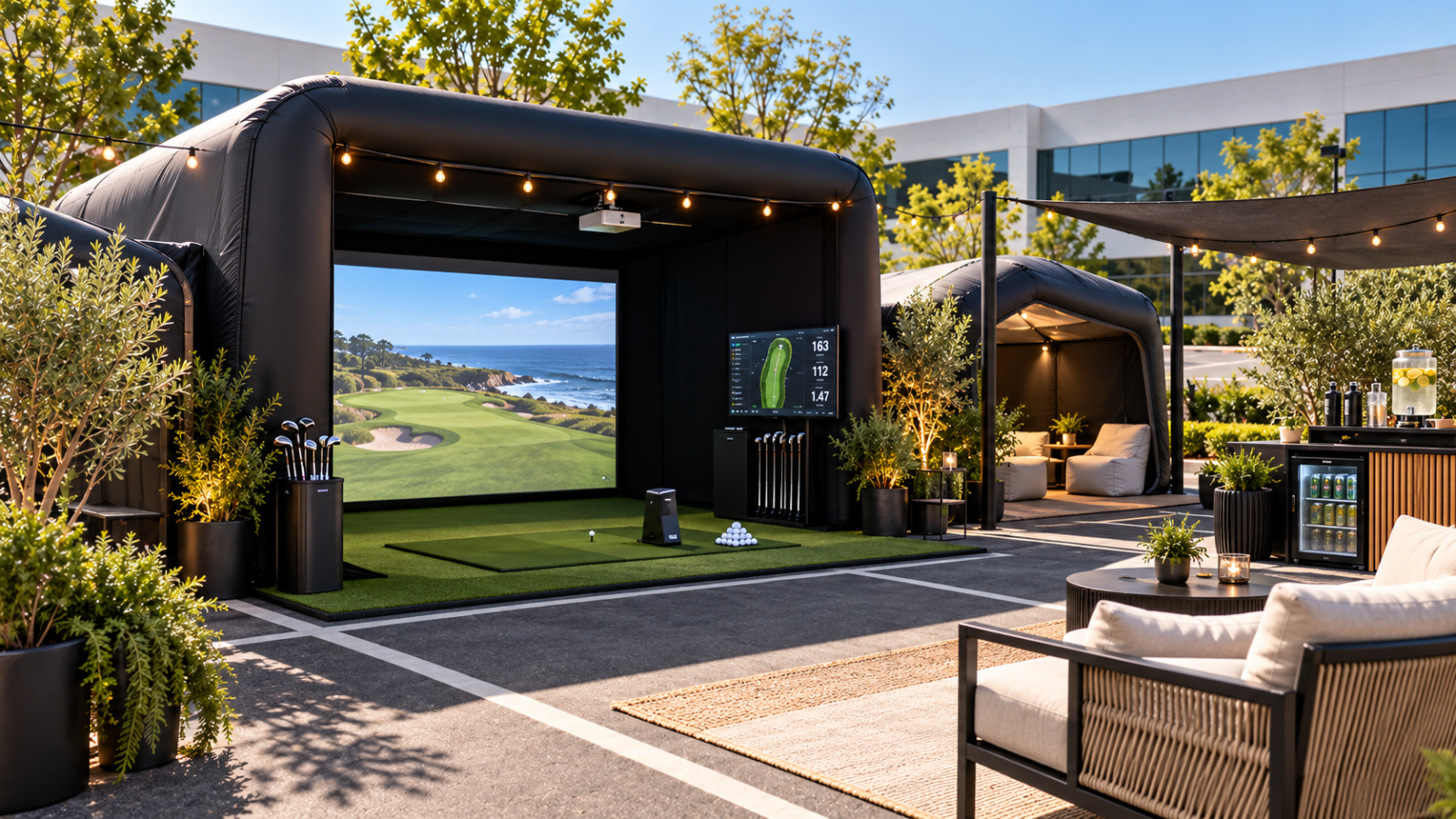 Mobile golf simulator lounge set up for an outdoor event