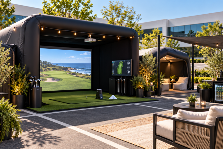 Mobile golf simulator lounge set up for an outdoor event