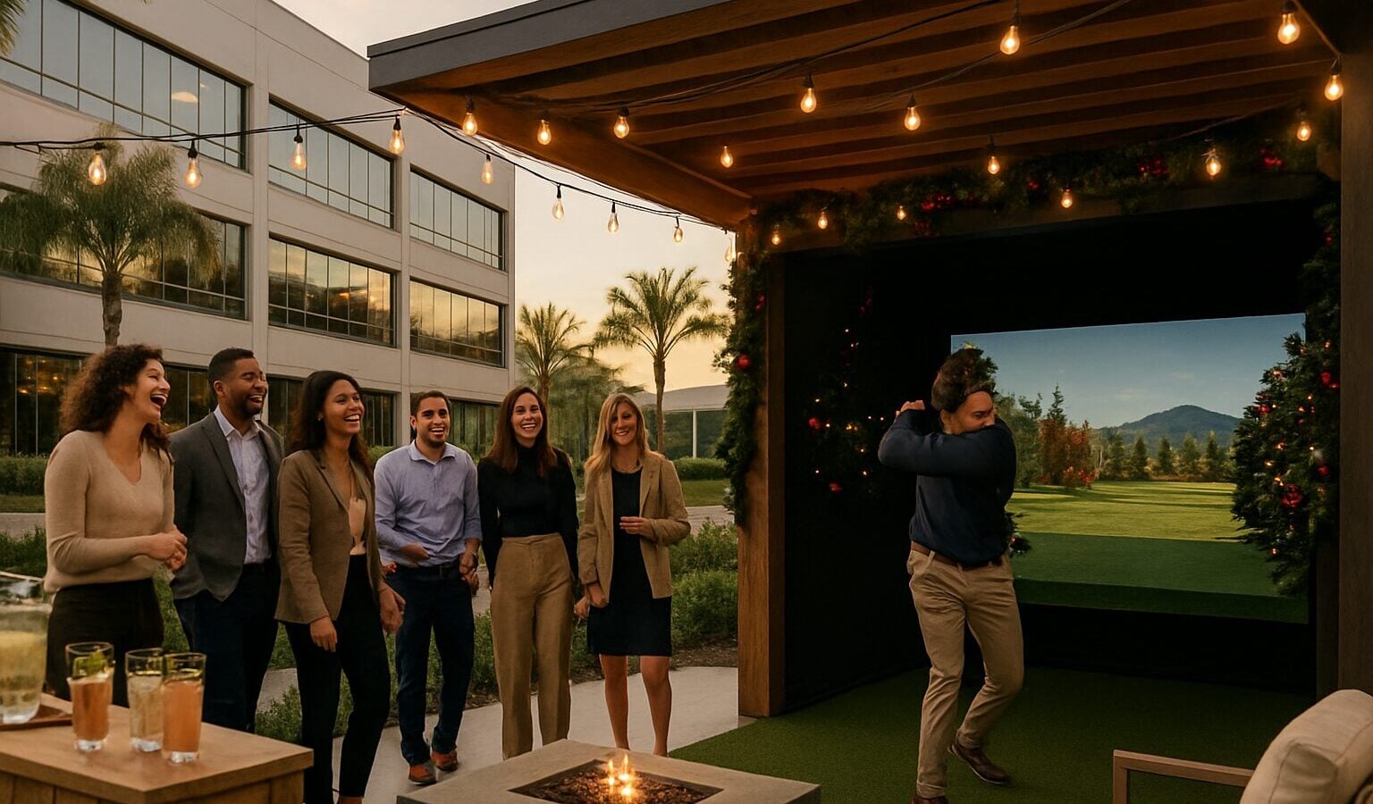 Coworkers gather around a golf simulator at an outdoor office holiday party in Southern California