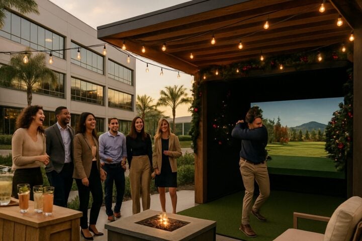 Coworkers gather around a golf simulator at an outdoor office holiday party in Southern California