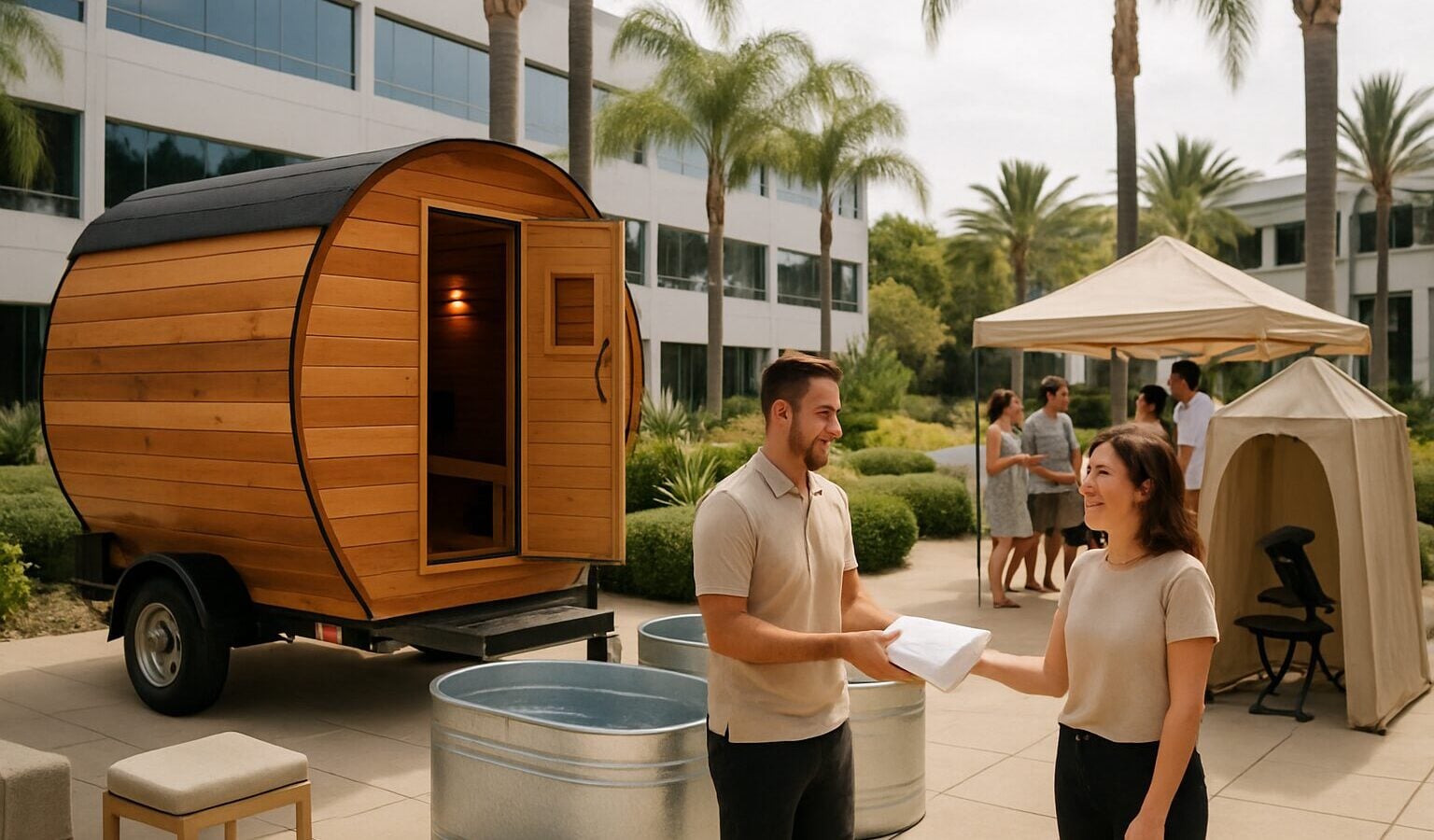 Employees enjoying a mobile sauna and cold plunge setup at a Southern California office wellness day