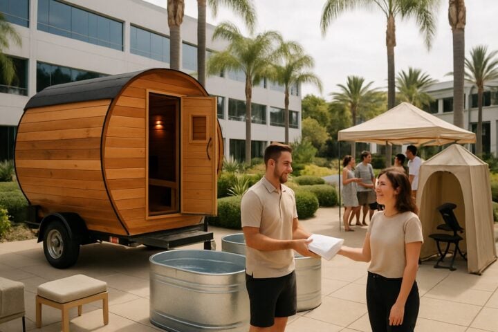 Employees enjoying a mobile sauna and cold plunge setup at a Southern California office wellness day